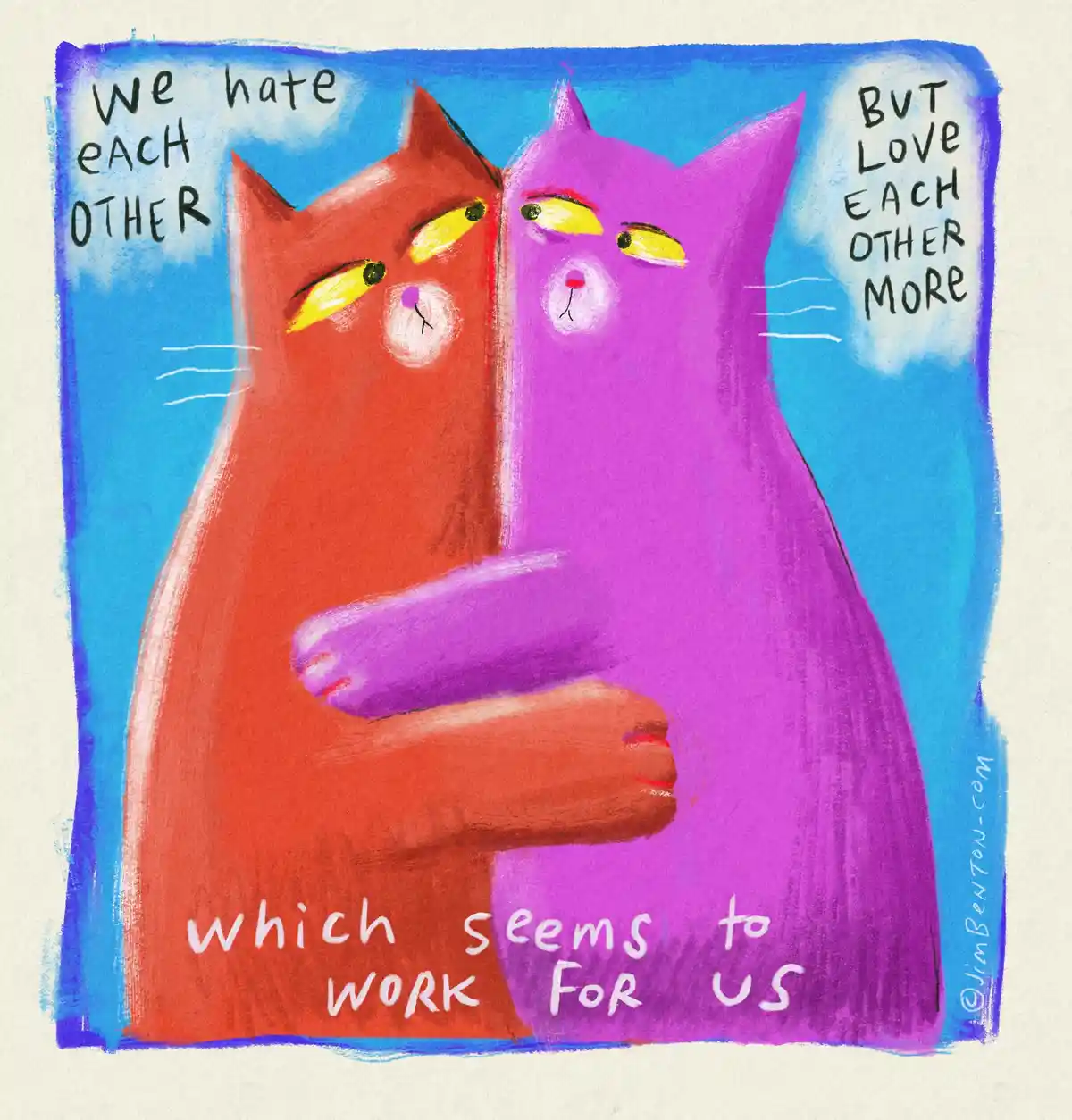 Two cartoon cats, one red and one purple, are hugging each other tightly while looking annoyed. Text bubbles above them say…