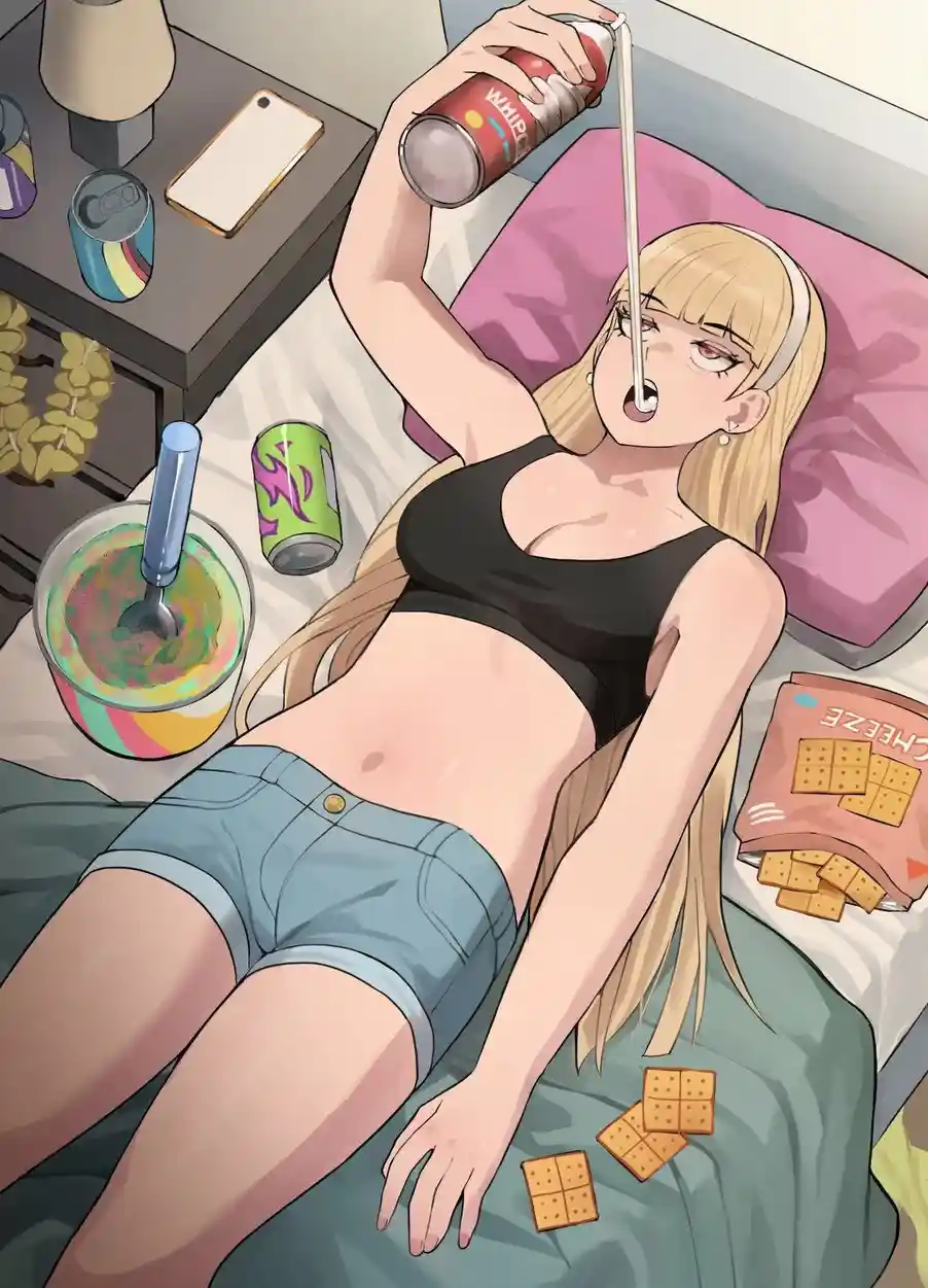 An anime-style illustration shows a blonde woman lying in bed, holding a can of whipped cream and using a straw to blow it…