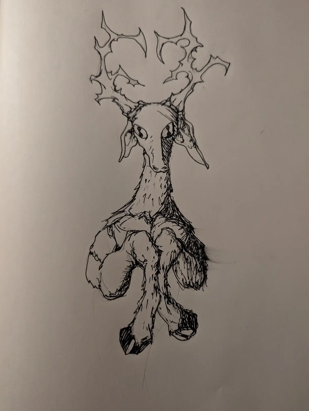A black-and-white sketch of a stylized deer with large, intricate, spiky antlers, sitting upright with a somewhat…
