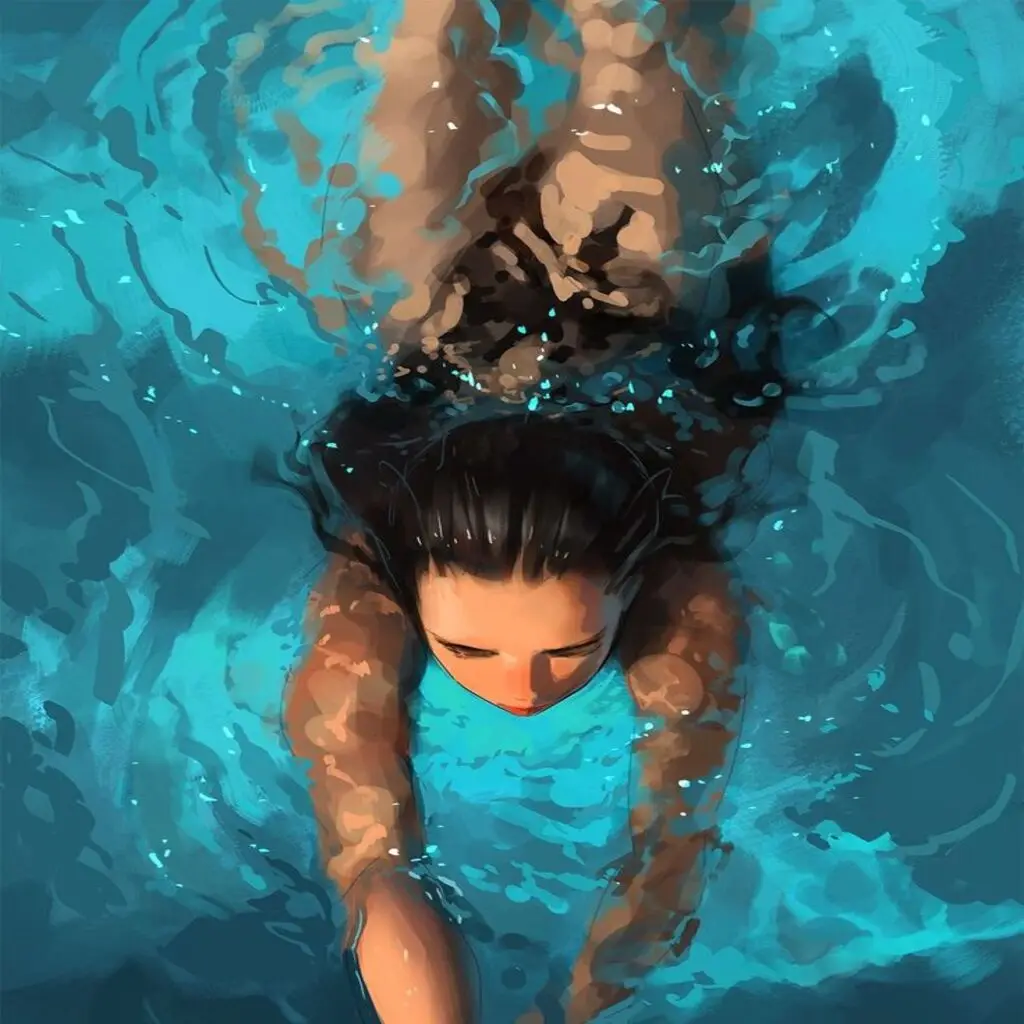 An underwater illustration of a person with dark hair and a blue swimsuit, submerged in blue water with visible ripples and…