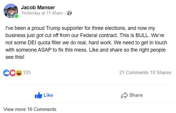 A screenshot of a Facebook post by Jacob Manser, who claims to be a proud Trump supporter for three elections and now has…
