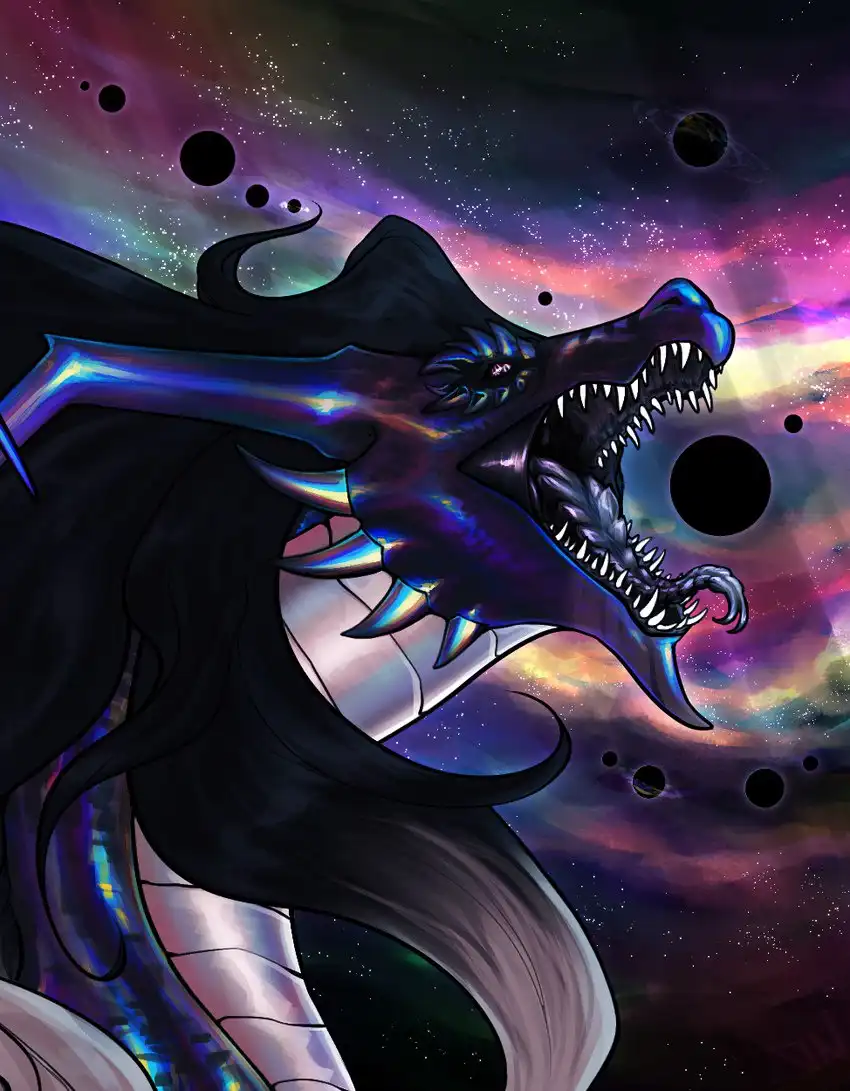 A stylized, iridescent dragon with sharp teeth and a long, flowing mane is depicted roaring against a cosmic backdrop of…