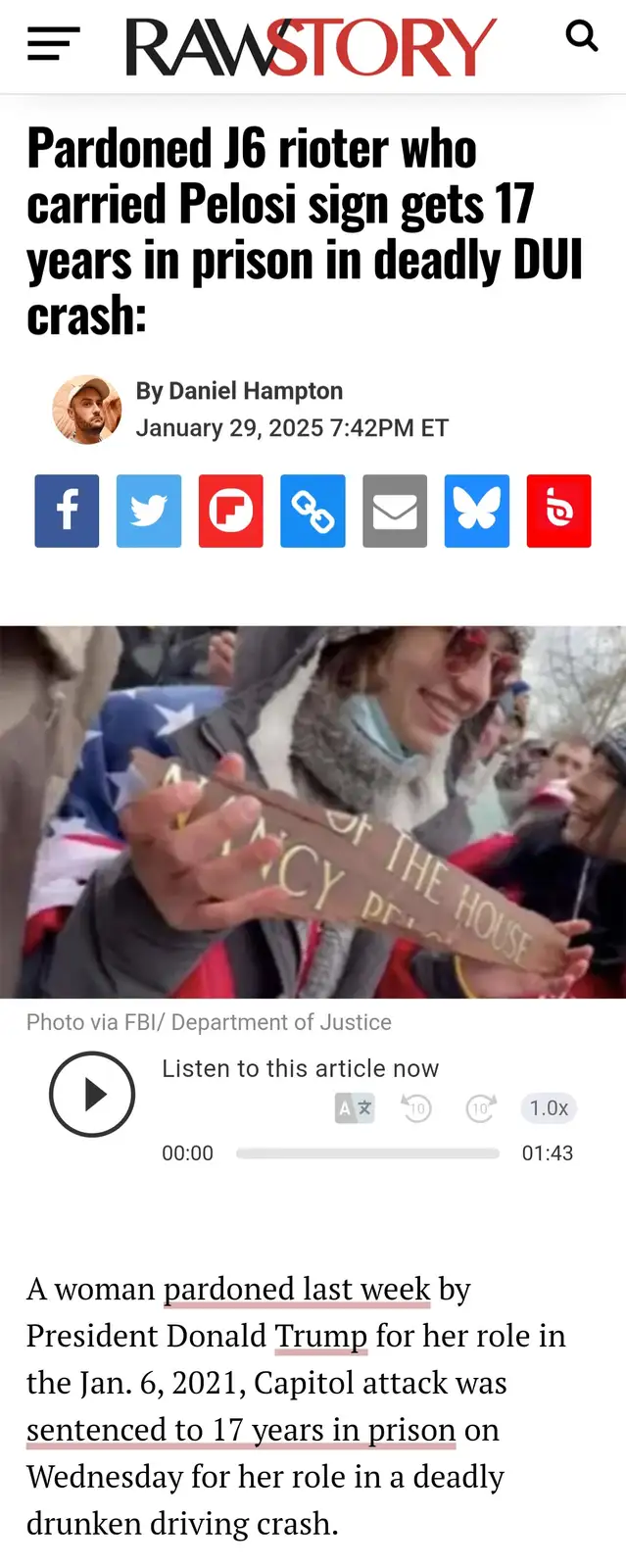 A screenshot of a RawStory article shows a photo of a woman holding a handmade sign that reads 'PELOSI OF THE HOUSE' during…