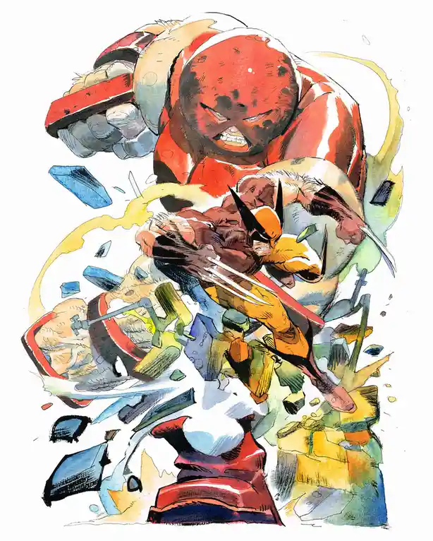 A dynamic comic book illustration shows Wolverine in an orange and black costume, mid-fight, surrounded by shattered debris…