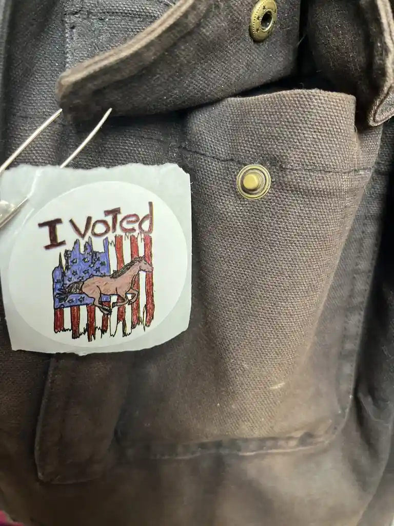A close-up of a hand-drawn 'I Voted' sticker pinned to a brown jacket. The sticker features a brown horse superimposed on a…