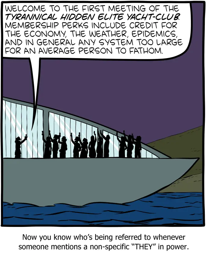 A comic panel shows silhouettes of people on a yacht raising their hands, with a speech bubble listing absurd 'membership…