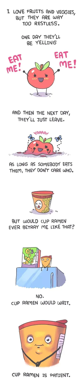 A comic strip shows a cheerful apple yelling 'EAT ME!' before turning into a puddle, then contrasts it with a patient cup of…