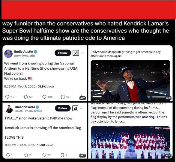 The image is a collage of two Twitter posts and two embedded video screenshots from Kendrick Lamar's Super Bowl halftime…