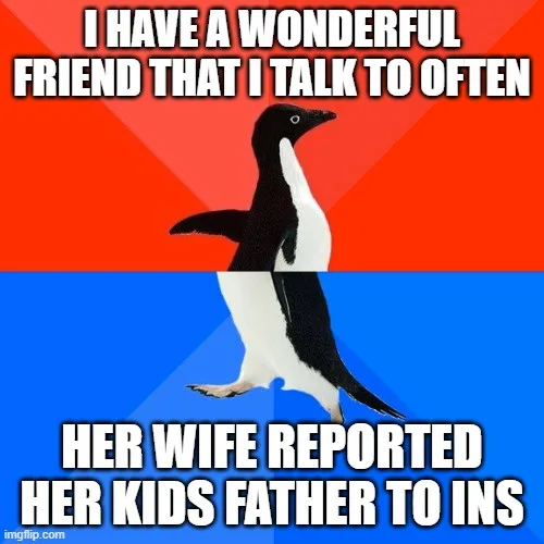 A penguin stands centered against a red and blue background, split horizontally. The top half has white text reading 'I HAVE…