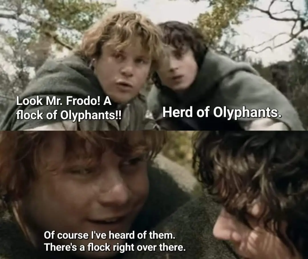 Two characters from The Lord of the Rings point excitedly at something in the distance, with text overlaying their dialogue…