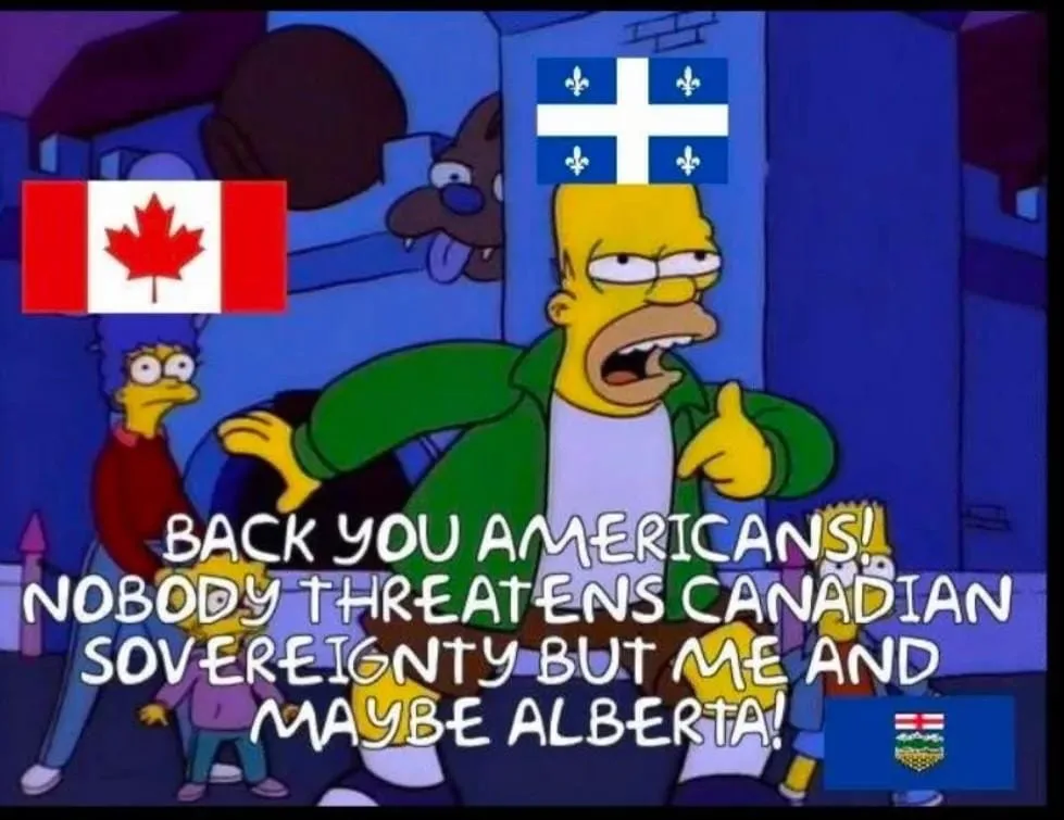 Homer Simpson is shown yelling with a Quebec flag on his head and a Canadian flag on the left. The text overlaid on the…