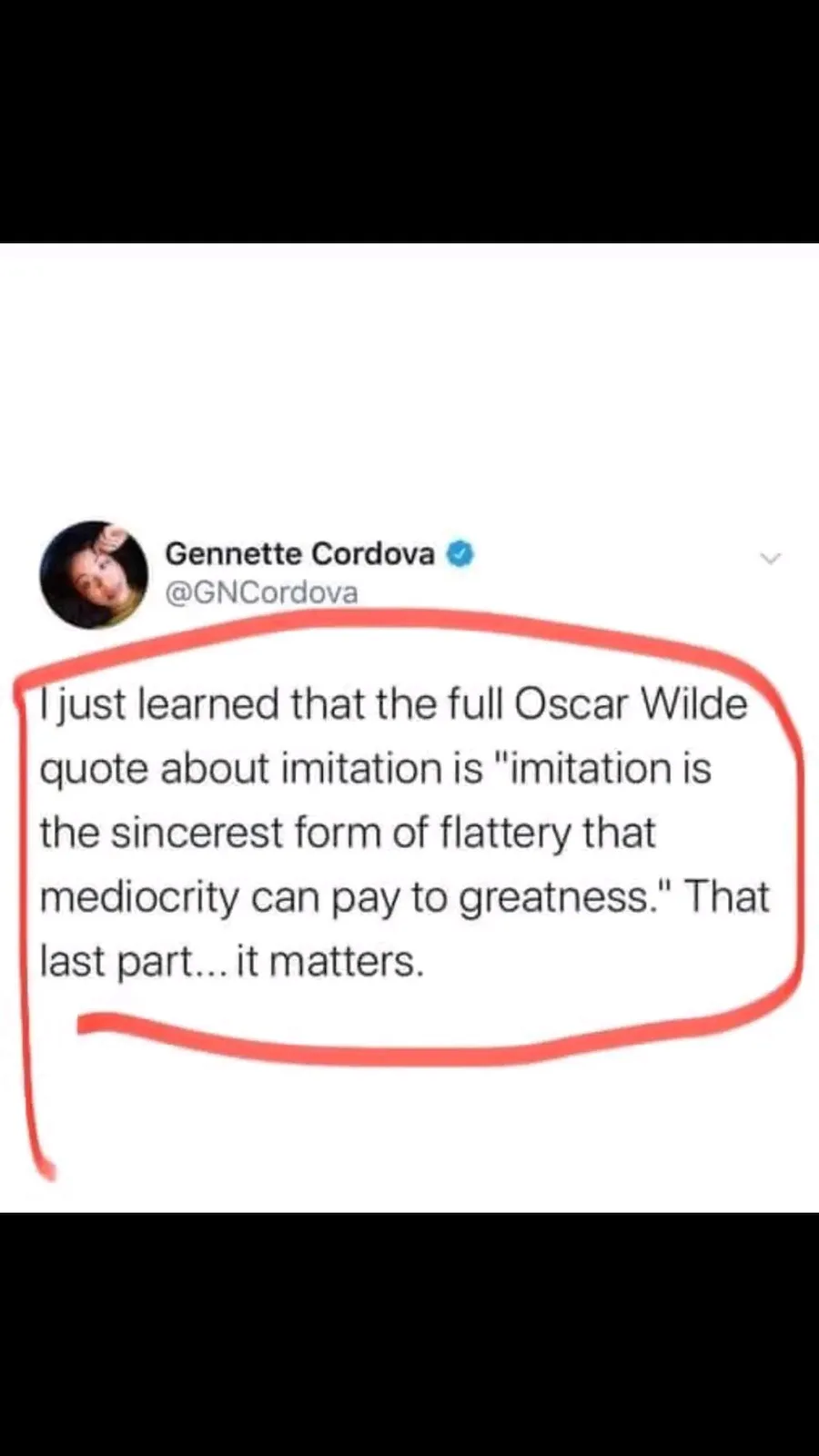 A screenshot of a tweet by Gennette Cordova, where her tweet text is circled in red. The tweet states she learned the full…