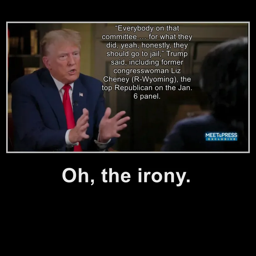 A still image from a Meet the Press interview shows Donald Trump speaking, gesturing with both hands. Overlaid text quotes…