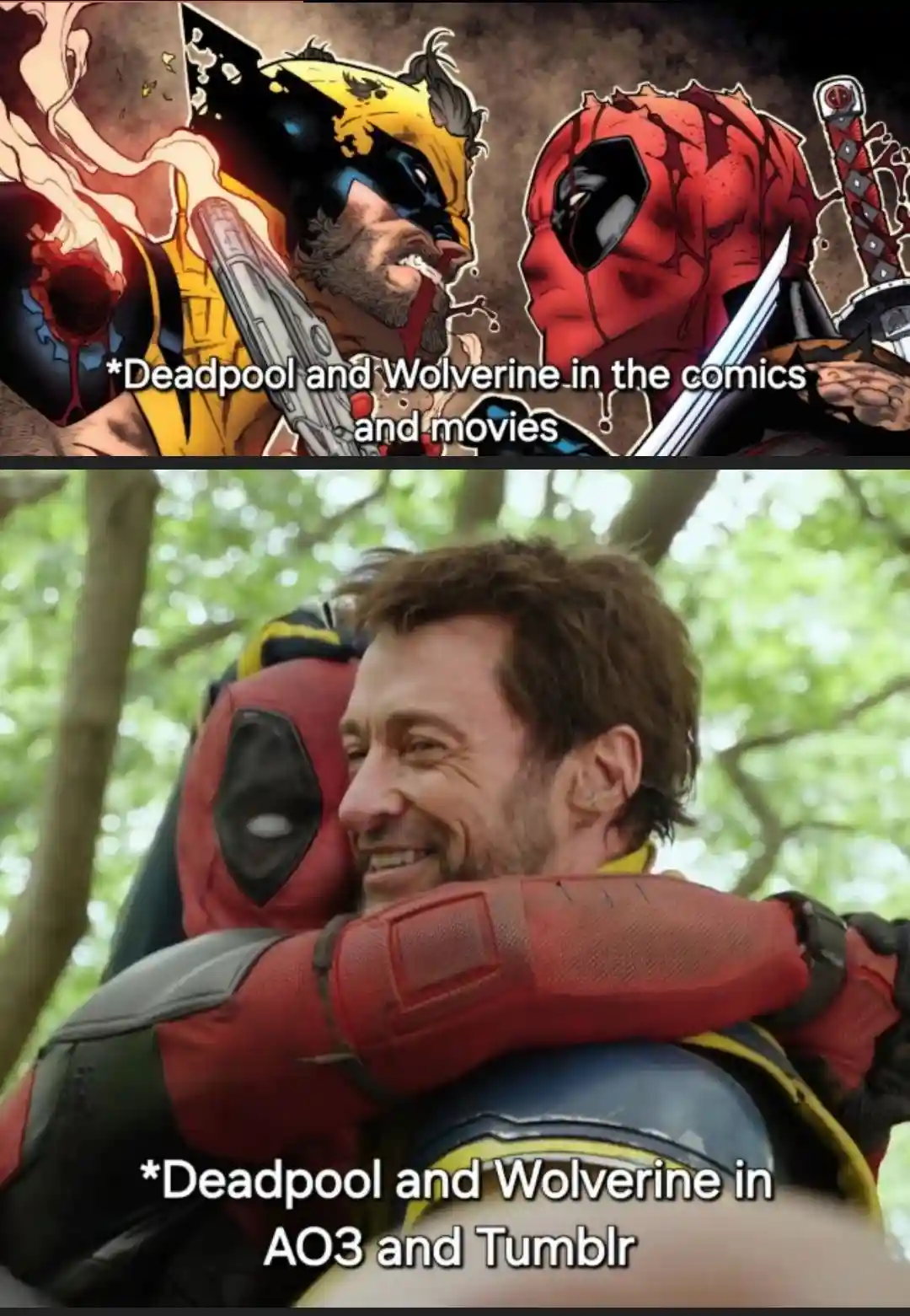 The top panel shows comic book characters Deadpool and Wolverine facing each other in a violent, bloody confrontation. The…