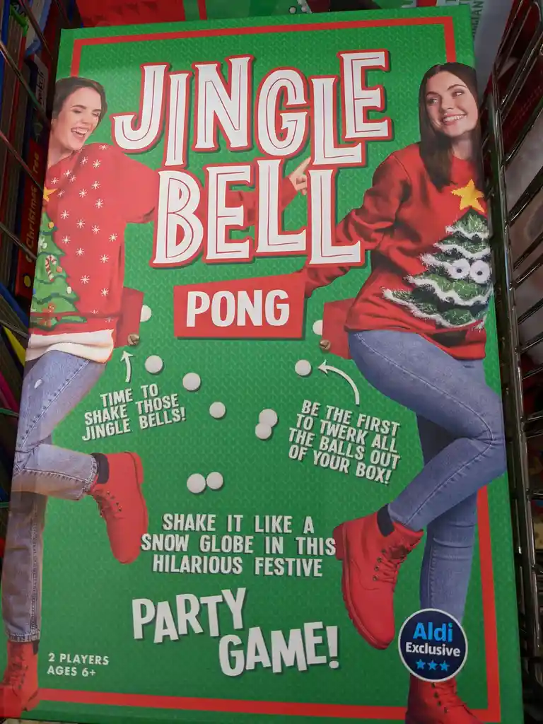 A festive game box for 'Jingle Bell Pong' shows two women in red Christmas sweaters and red boots, posing energetically. The…