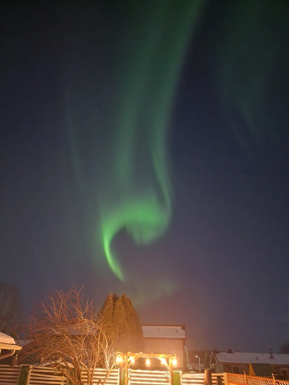 A night photo shows vibrant green aurora borealis curtains dancing across a dark sky above a snowy residential area with…