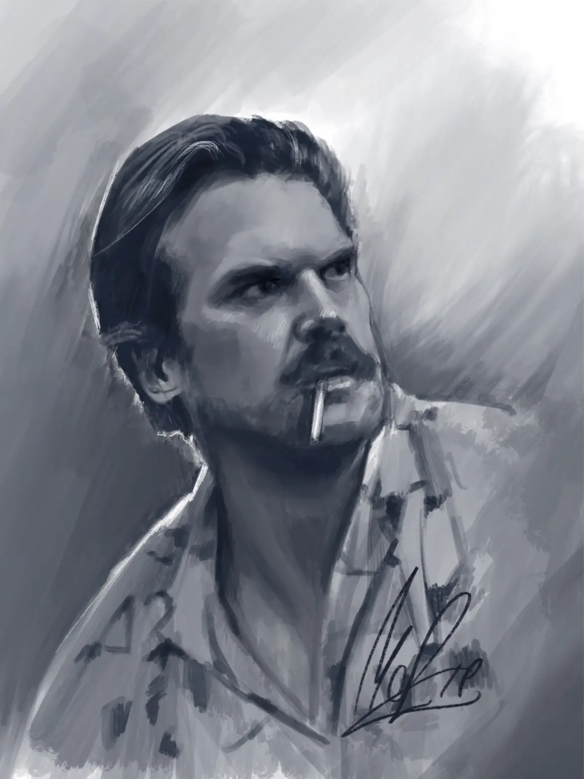 A grayscale digital sketch of a man with a mustache and cigarette in his mouth, looking off to the side with a stern…