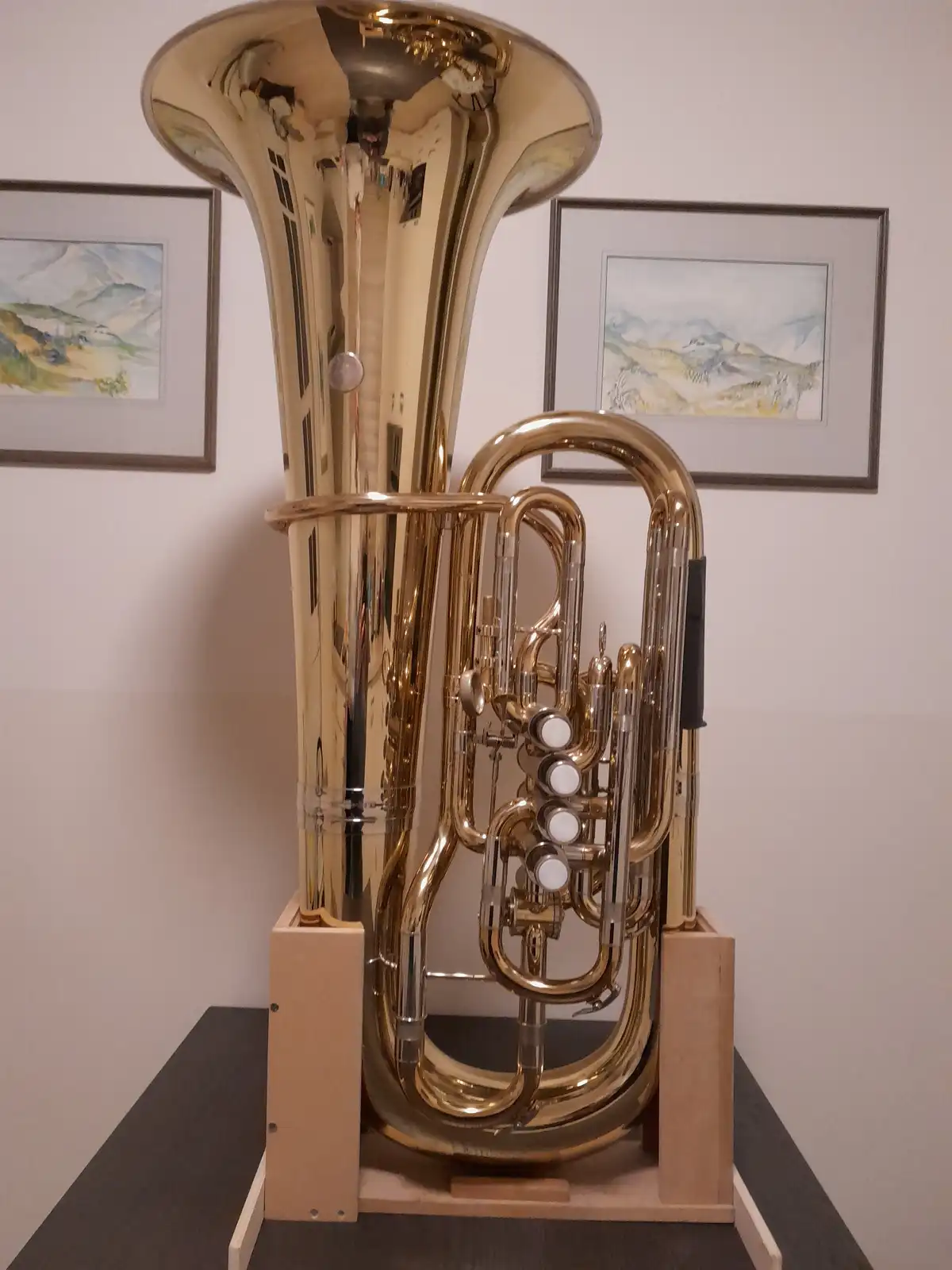 a large, shiny brass tuba stands upright on a wooden stand in a room with framed watercolor paintings on the wall behind it…