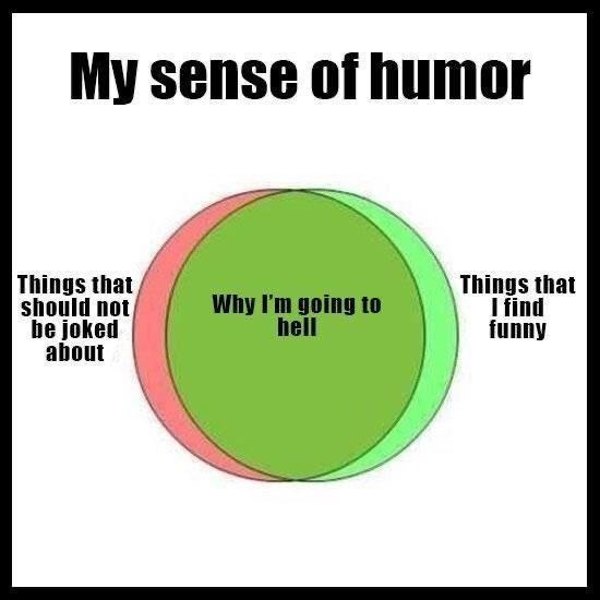 A Venn diagram titled 'My sense of humor' shows two overlapping circles: one labeled 'Things that should not be joked about'…