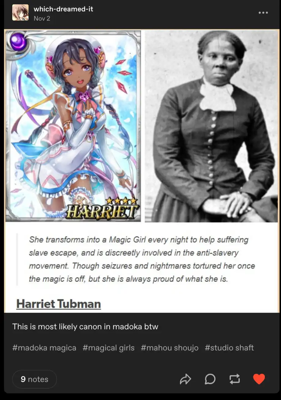 The image displays a side-by-side comparison: on the left, a colorful anime-style character card labeled 'HARRIET' with a…