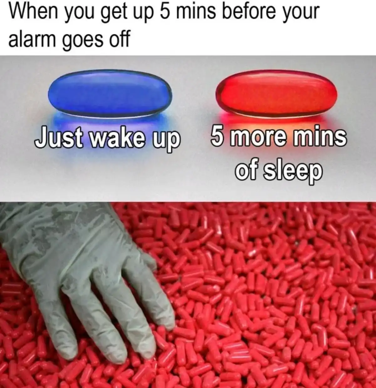 The image shows two glowing buttons, one blue labeled 'Just wake up' and one red labeled '5 more mins of sleep'…