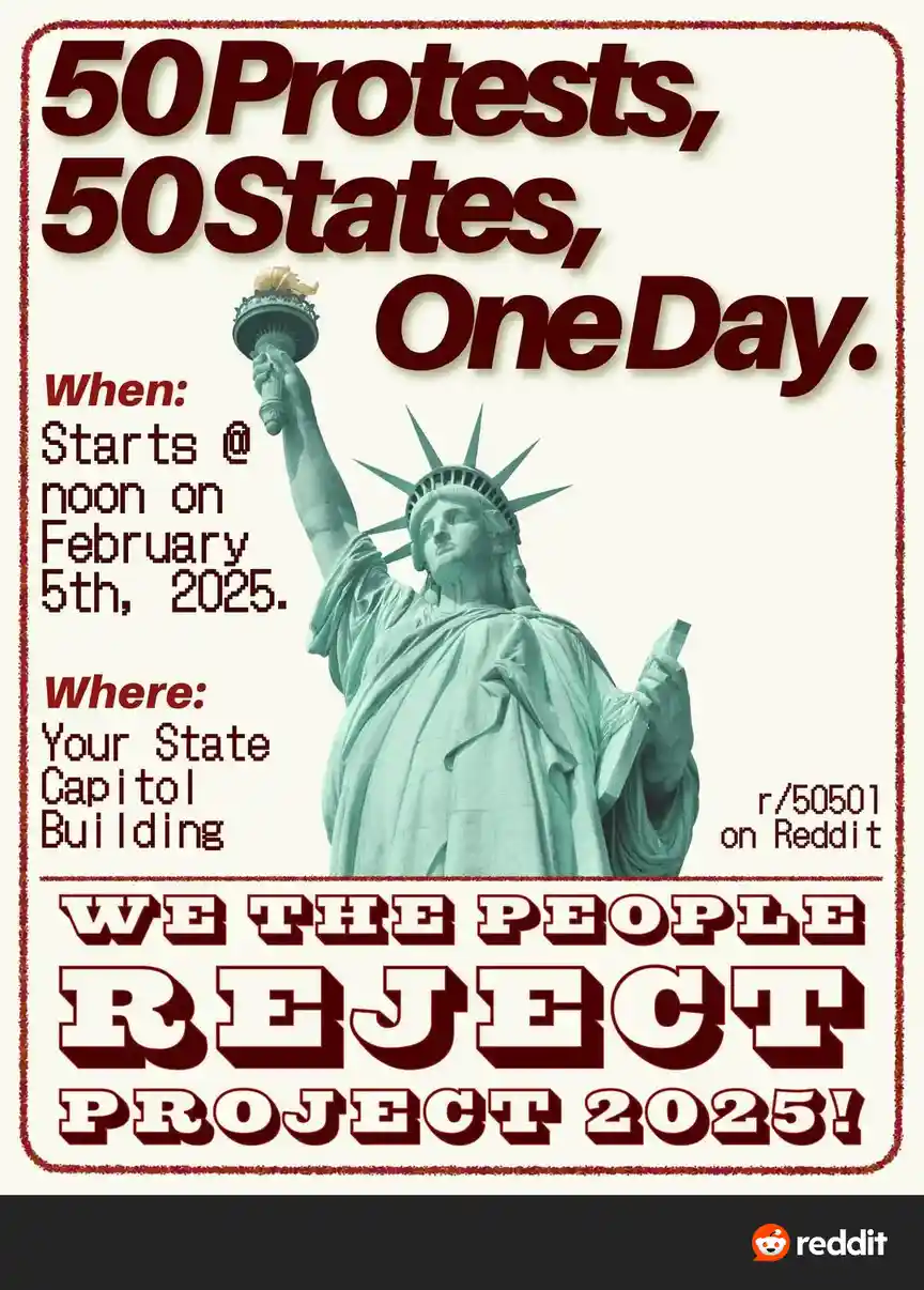 A poster-style image features the Statue of Liberty as the central visual. Overlaid text mimics a protest flyer, announcing…