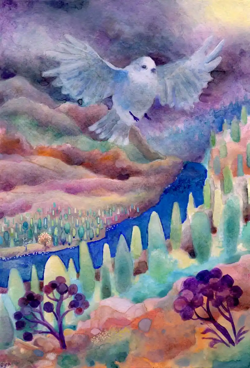 A watercolor painting depicts a white bird with spread wings flying over a surreal, colorful landscape of rolling hills…