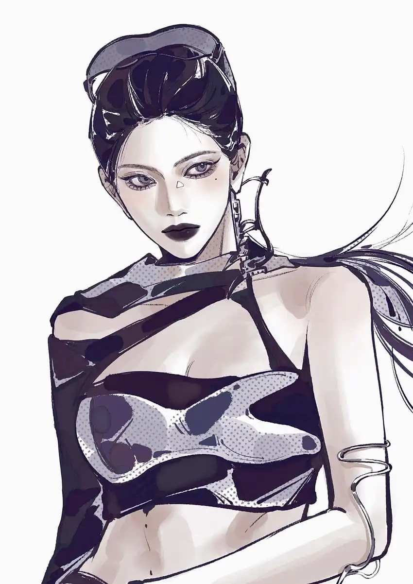 An anime-style illustration of a woman with dark hair in a high bun, wearing a revealing black and grey outfit with…