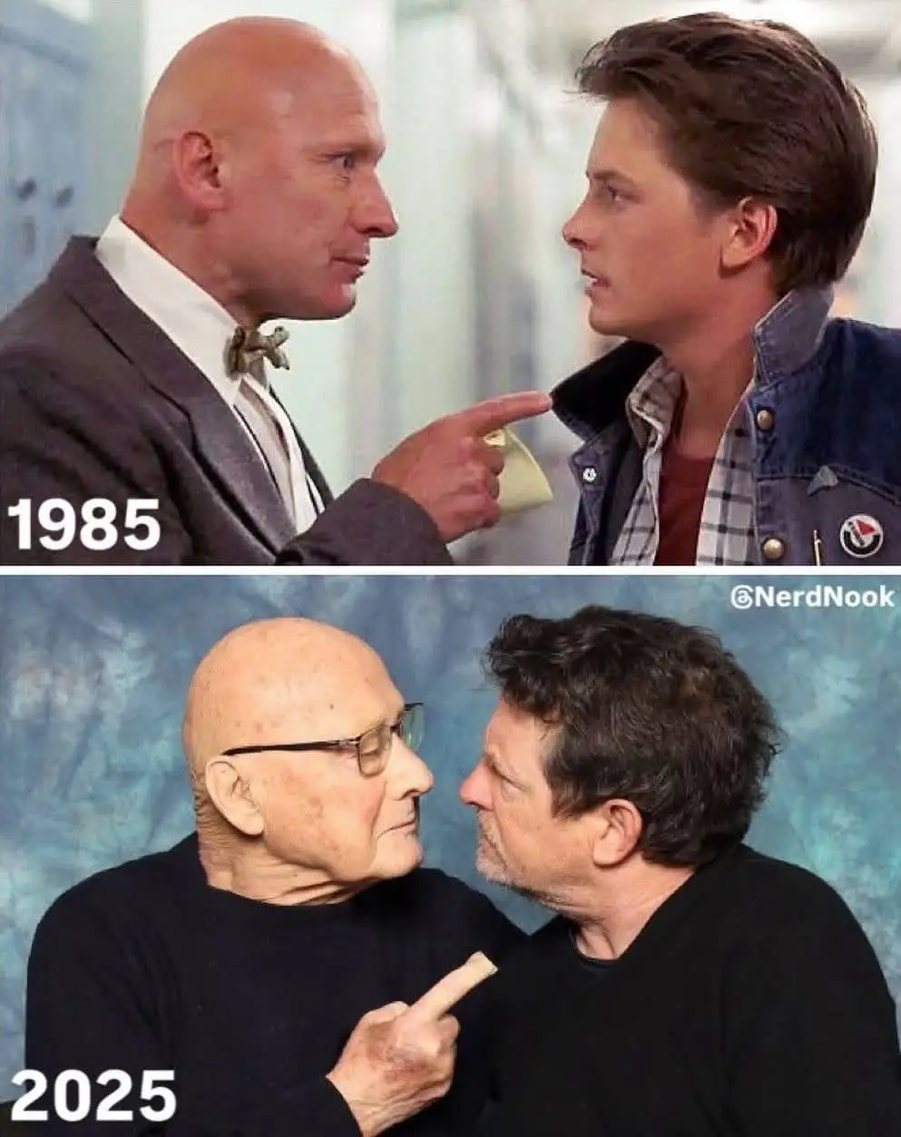 The top panel shows a bald man in a suit pointing at a younger man in a denim jacket, labeled '1985'. The bottom panel shows…