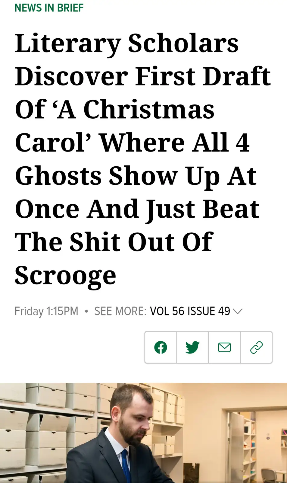 The image displays a mock news article with a headline about literary scholars finding a draft of 'A Christmas Carol' where…