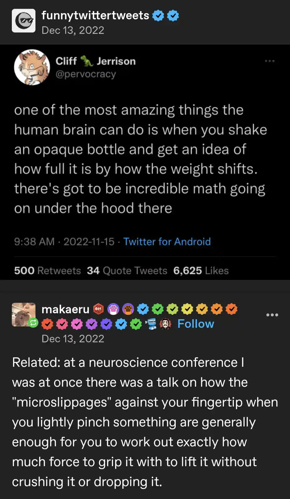 A screenshot of two Twitter posts. The first, by user Cliff Jerrison, says 'one of the most amazing things the human brain…