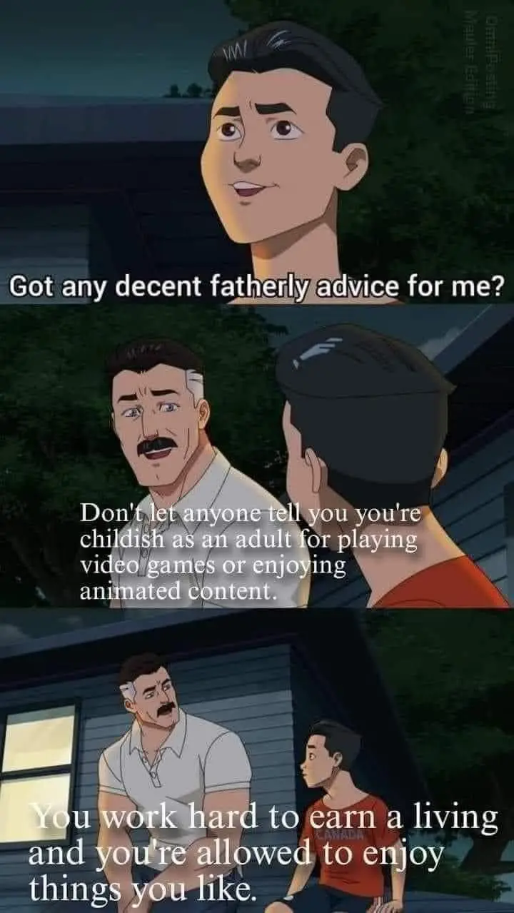 A three-panel animated meme featuring a young man asking his father for advice. The father responds by telling him not to…
