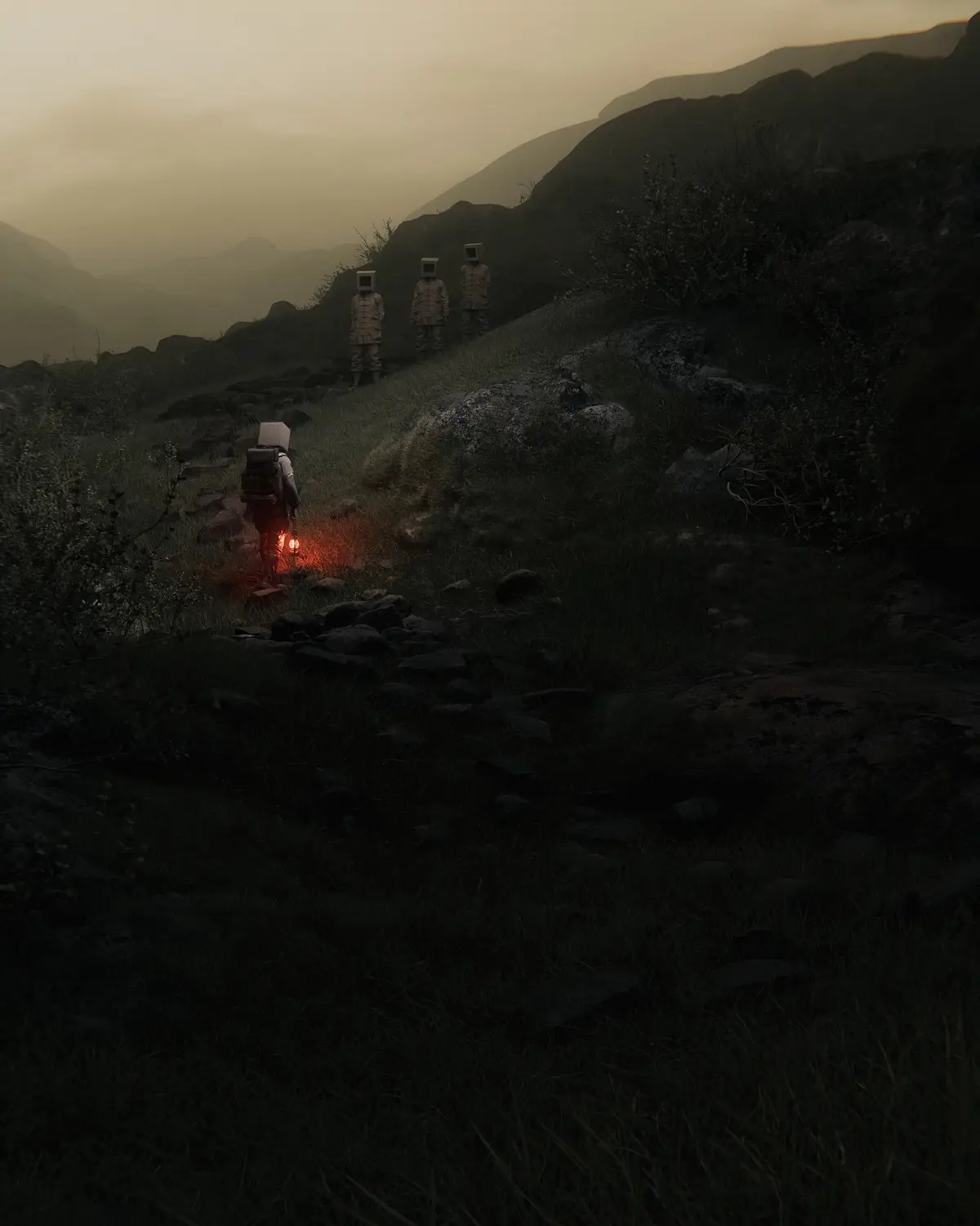 A lone figure with a glowing lantern walks through a dark, misty mountain landscape, while three other figures with computer…