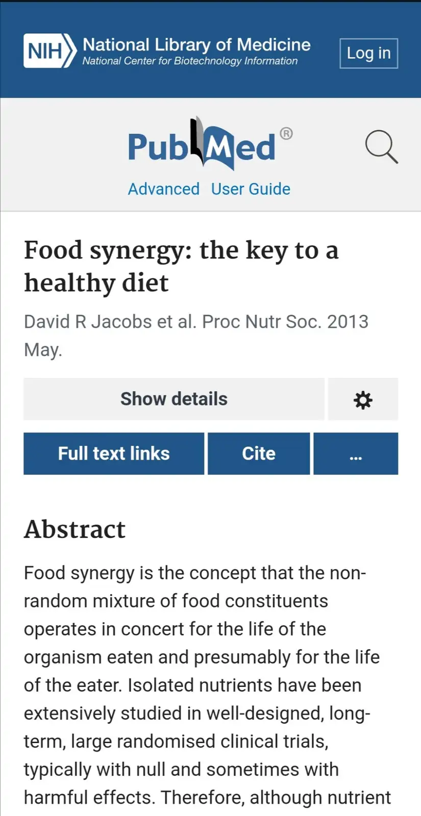 A screenshot of a PubMed webpage showing a 2013 research paper titled 'Food synergy: the key to a healthy diet' by David R…