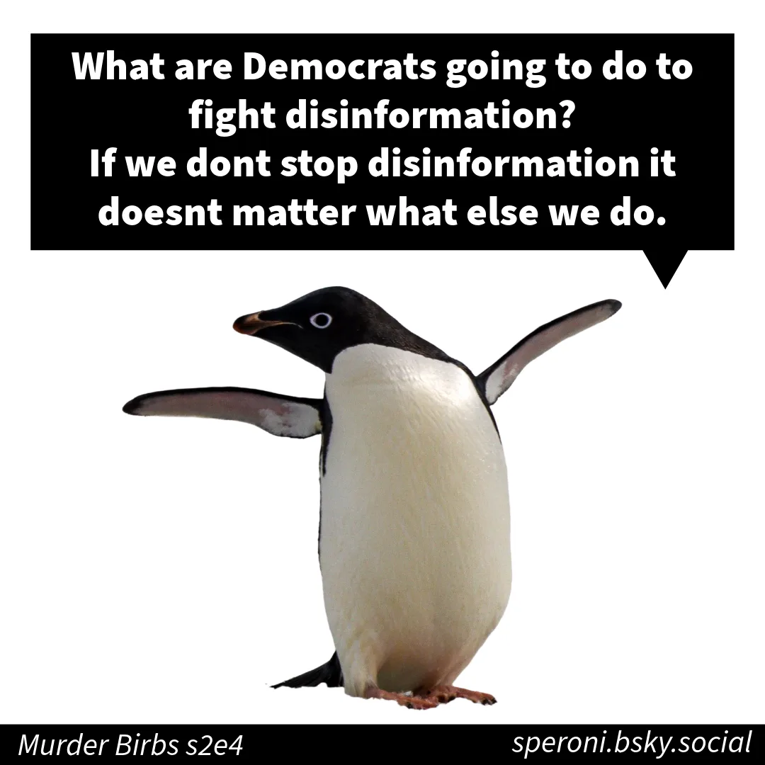 A penguin with its wings spread wide, standing against a white background, has a black speech bubble above it containing the…