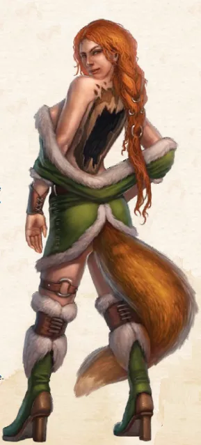 A female character with long red hair and a fox-like tail wears green fur-trimmed clothing and high-heeled boots. The…