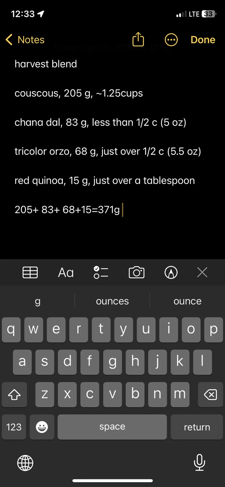 A screenshot of a phone's notes app showing a recipe for 'harvest blend' with ingredient weights and volumes. The note lists…