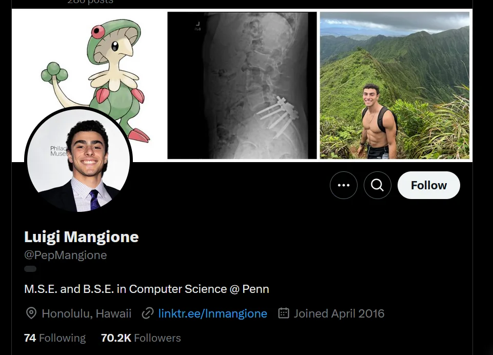 A mock Instagram profile for 'Luigi Mangione' shows a profile picture of a smiling young man, a Pokémon character, an x-ray…