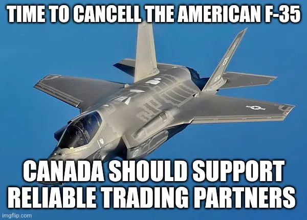 A gray American F-35 fighter jet is shown flying against a clear blue sky. Overlaid white text in bold, capitalized letters…