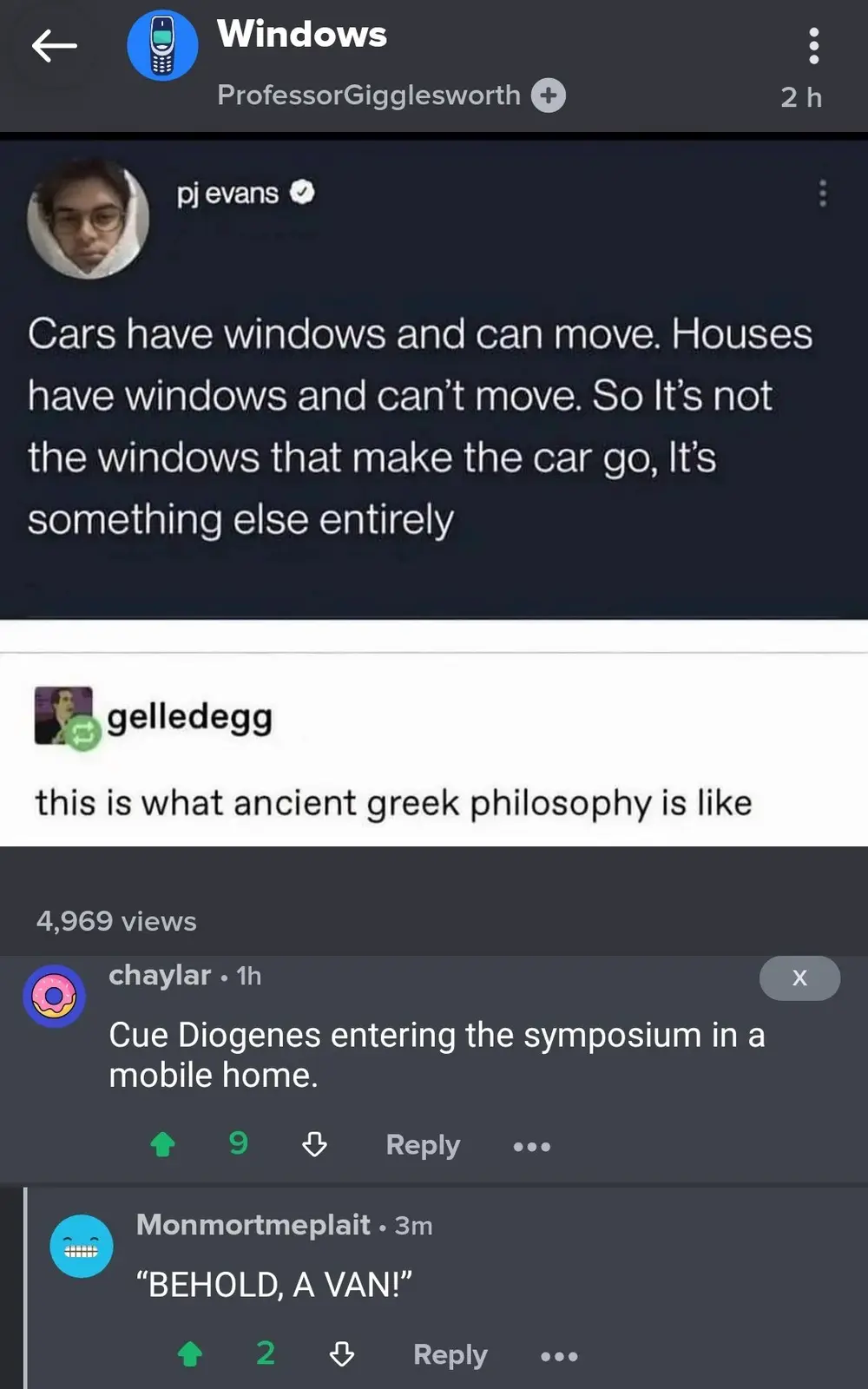 A screenshot of a social media thread where user 'pj evans' posts a philosophical observation comparing cars and houses…