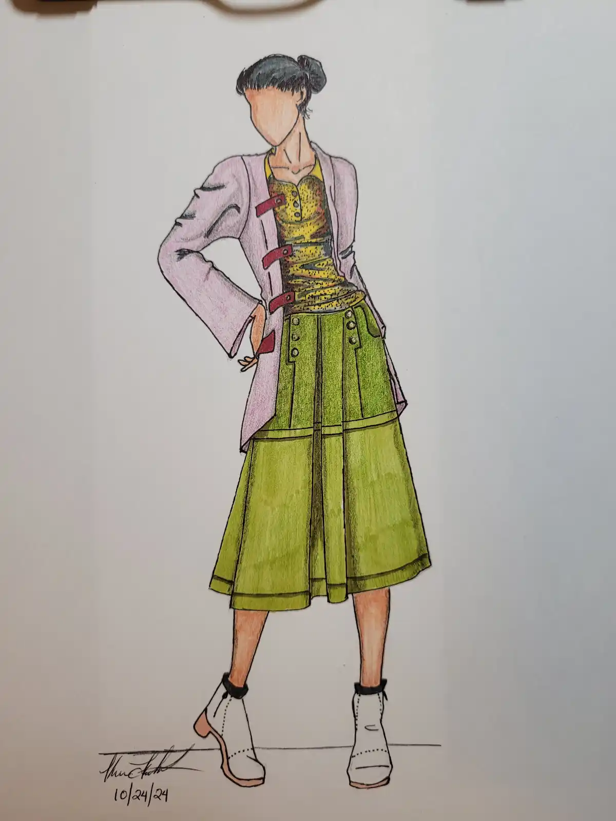 A hand-drawn fashion illustration of a person with a bun hairstyle, wearing a pink blazer over a yellow patterned top with…