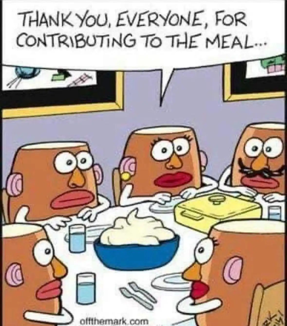 Five cartoon potato heads sit around a dining table with a bowl of mashed potatoes and glasses of water. One potato head…