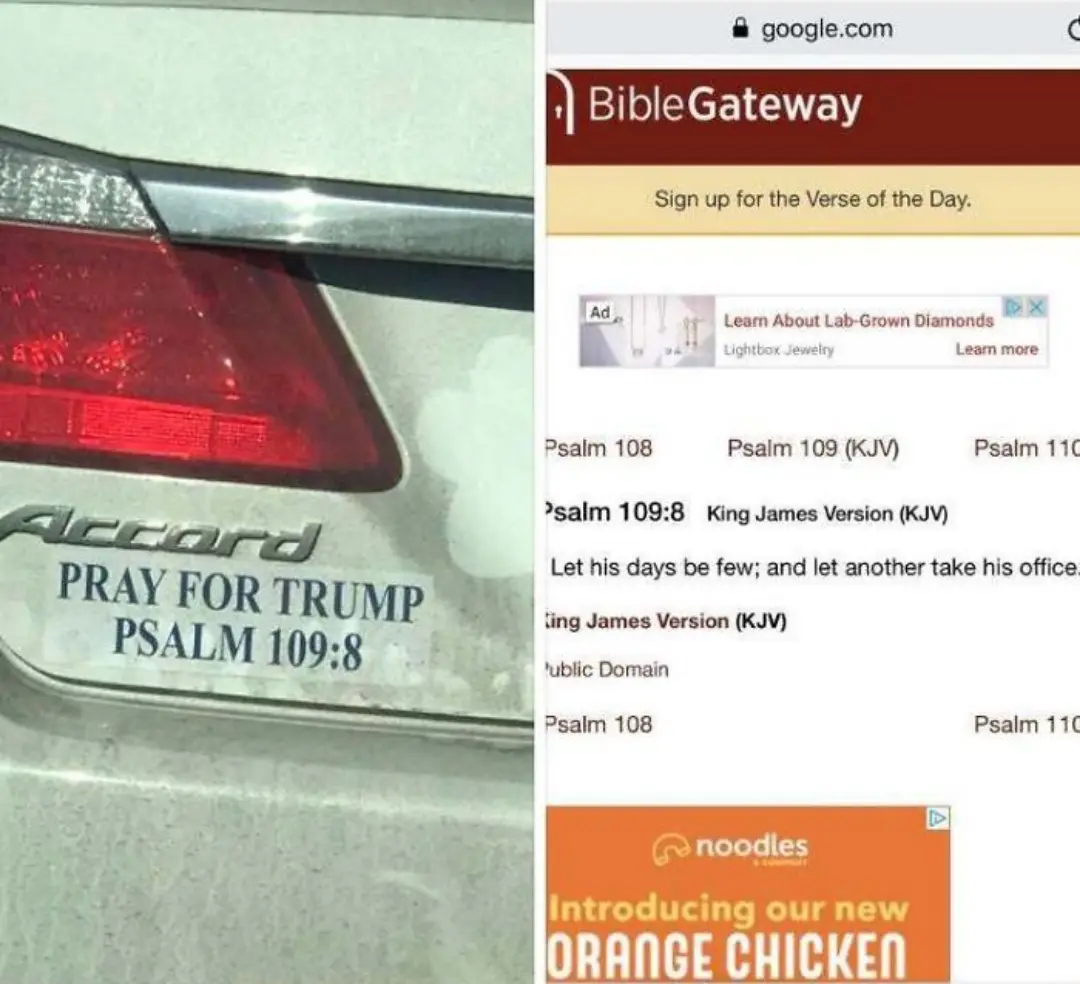 The image is a split-screen meme. On the left, a silver Honda Accord's rear bumper has a sticker that reads 'PRAY FOR TRUMP…