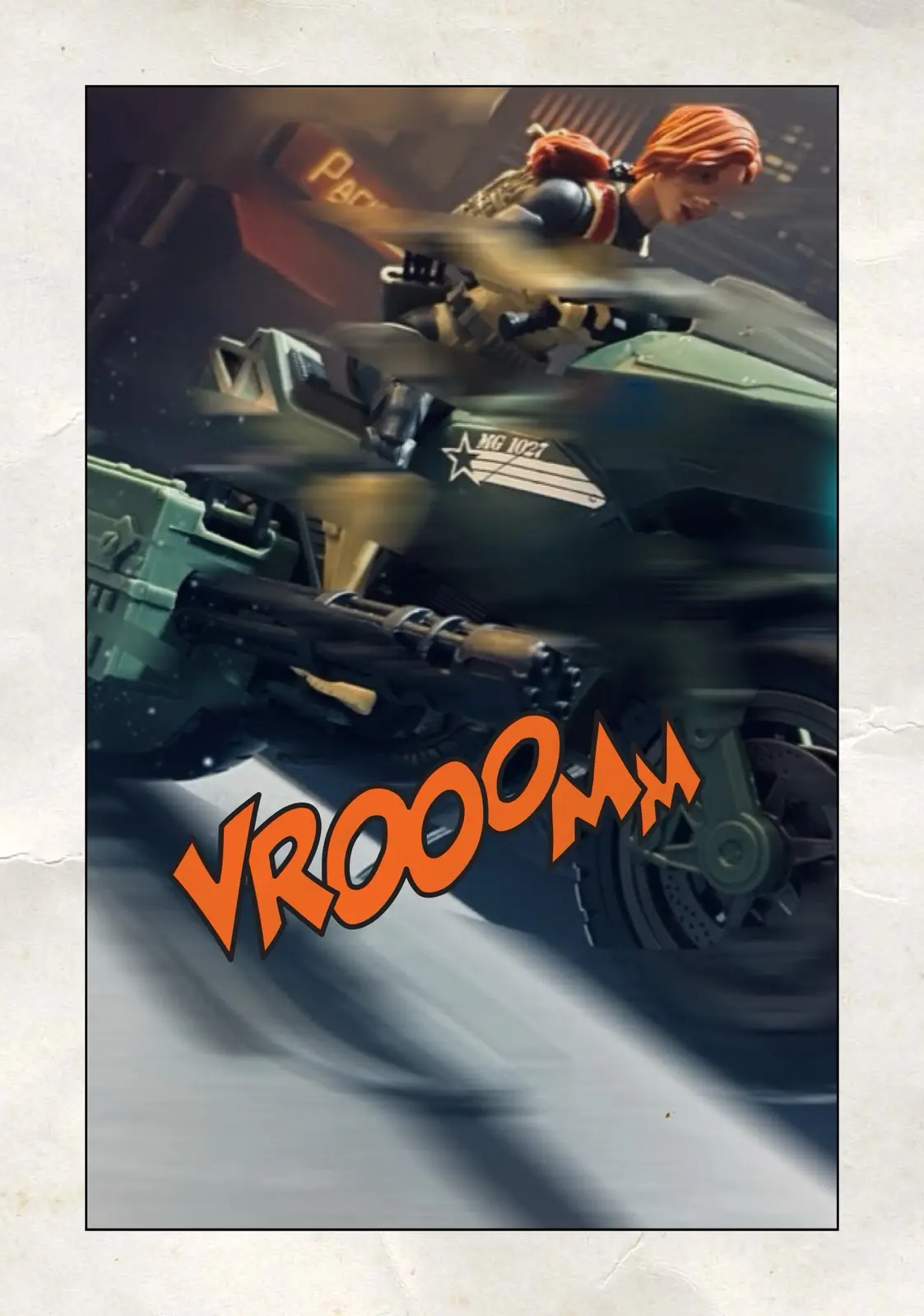 A woman with red hair rides a heavily armed, green military-style motorcycle at high speed, with motion blur conveying rapid…