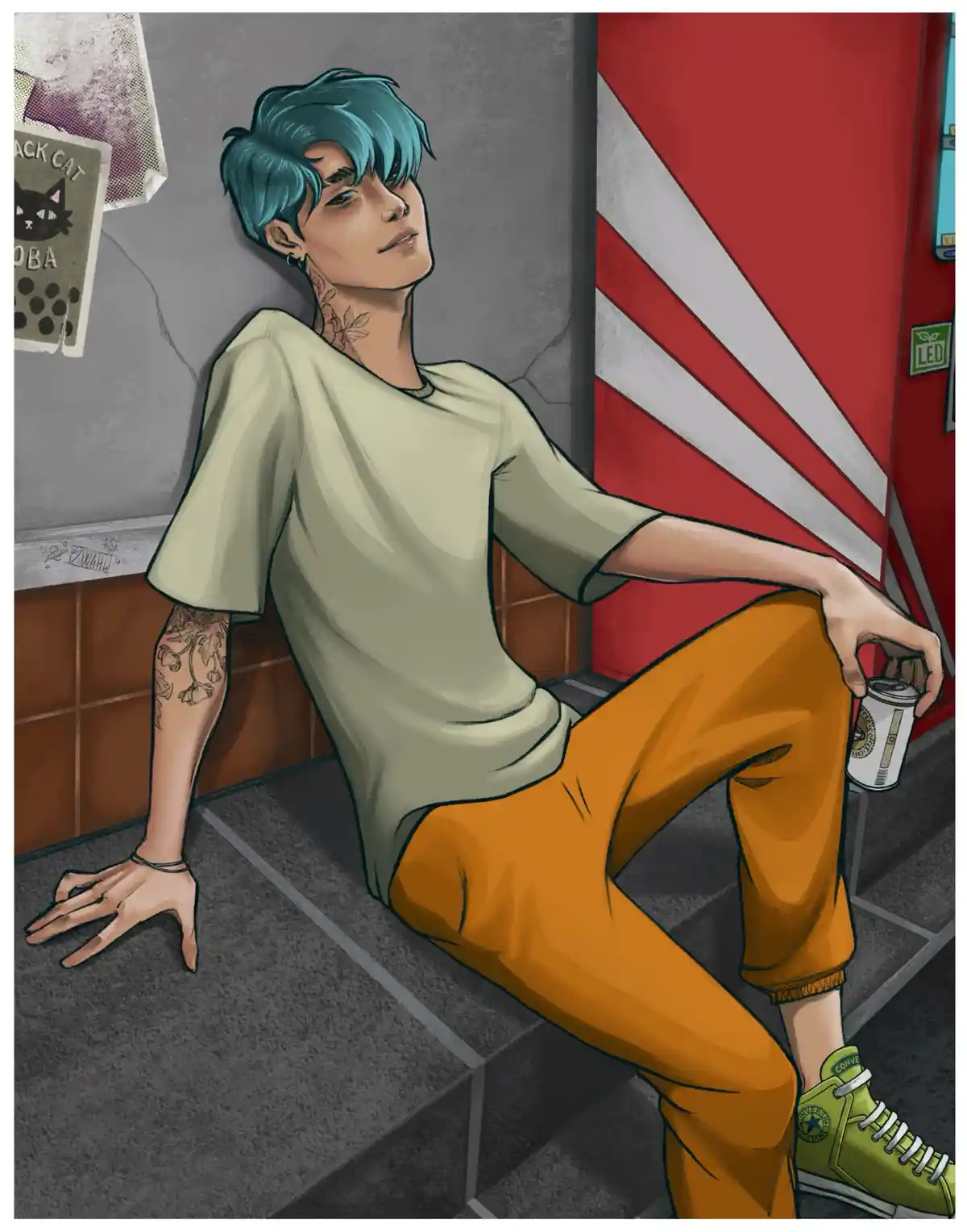 A stylized illustration of a young man with blue hair, tattoos, and green sneakers, sitting casually on steps next to a red…