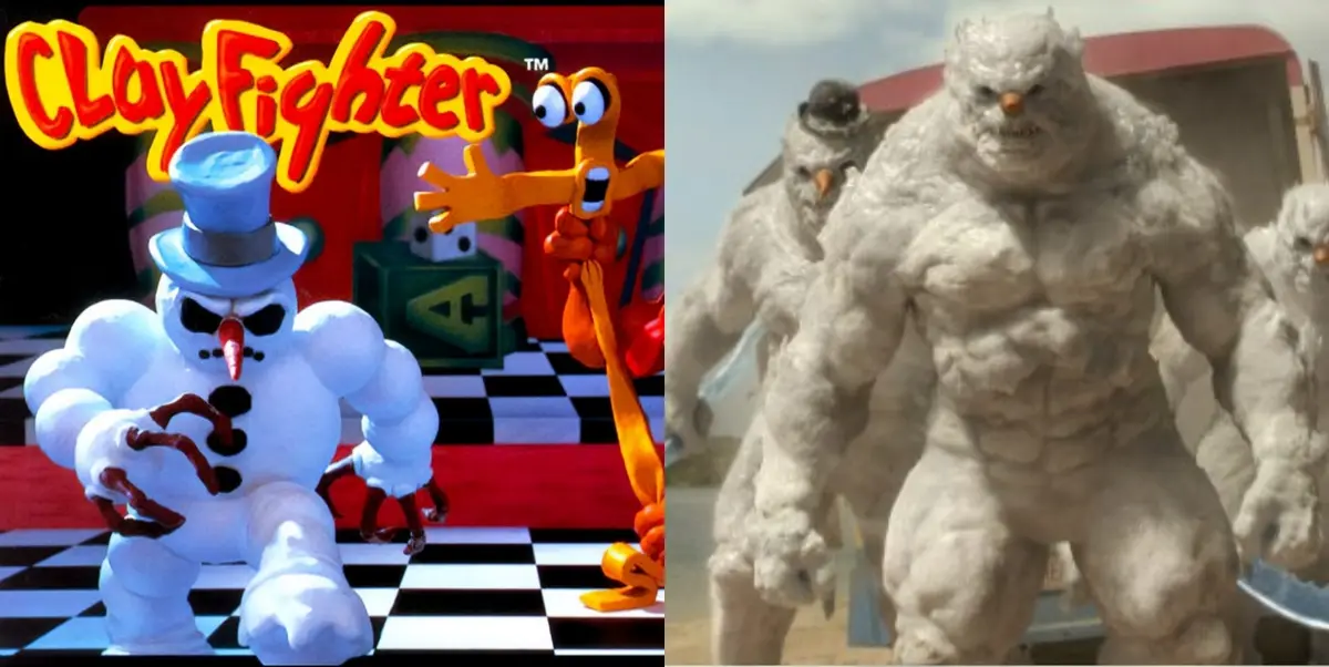 The image is a side-by-side comparison: on the left, a muscular snowman character from the game ClayFighter, wearing a top…
