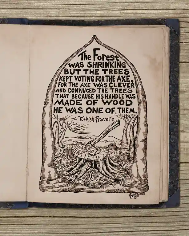 An open book displays a black-and-white illustration of a tombstone-shaped frame containing a Turkish proverb about trees…