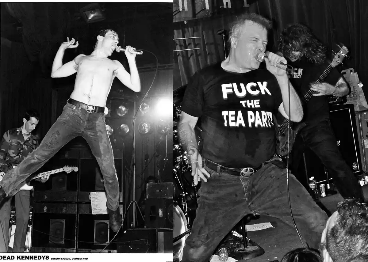 A side-by-side black-and-white photo shows two punk rock singers performing energetically on stage. The left image features…