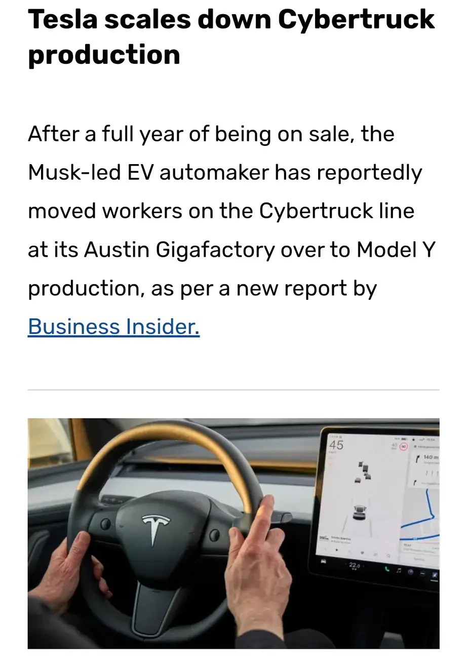 The image shows a news article headline about Tesla scaling down Cybertruck production, followed by a photo of hands…