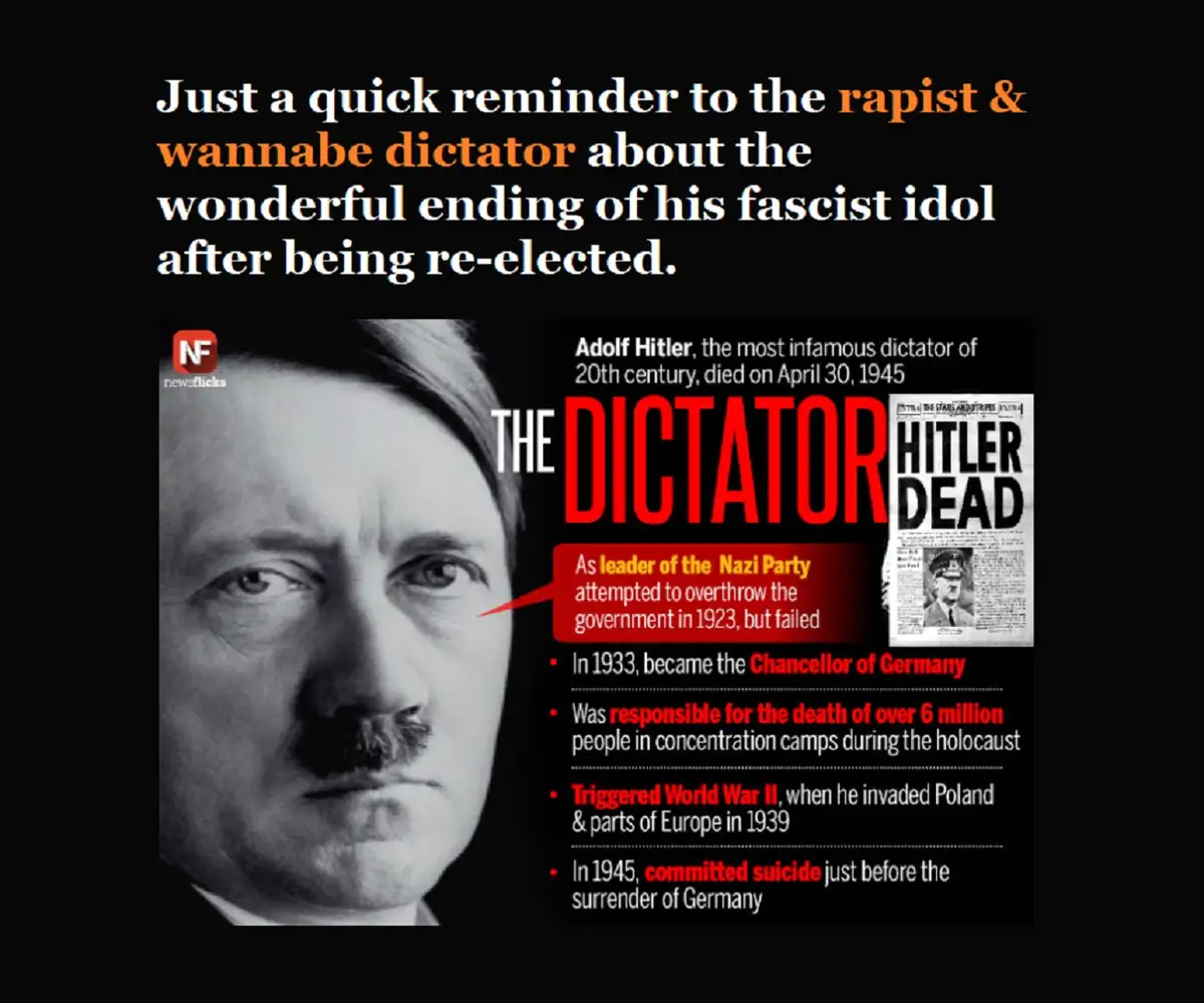 A black-and-white photo of Adolf Hitler is overlaid with text summarizing his historical atrocities and death. The text…